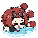 Chibi character with red hair crying a massive puddle of blue tears.