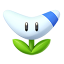 Boomerang Flower with a white curved head, blue band, and green leaves, displaying a neutral expression.