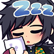 Giyu Tomioka from Demon Slayer sleeping peacefully while holding a small pillow with ZZZ text floating above his head.