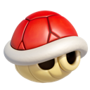 Red Koopa shell with a white rim and eyes looking forward in a 3D style.