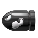 Bullet Bill with an angry expression and a small arm, flying forward.