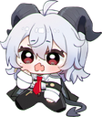 A chibi anime character with white hair and horns looking shocked with wide eyes and an open mouth.