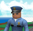 A blocky 3D Roblox character wearing a blue police uniform and cap.