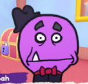 A purple cartoon character with a single tooth, wearing a small black top hat and red bow tie, looking confused.