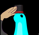A glowing blue creature tipping a black top hat with a red band in a polite gesture.