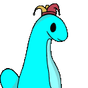 A blue creature with a jester hat cycles through expressions and opens its mouth as if talking.