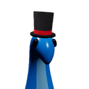 A smooth blue creature wearing a black top hat with a red ribbon.