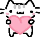 A simple line-art cat holding a large pink heart with a happy expression.