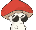 A cute white mushroom with a red cap wearing sunglasses and holding a red sign that says BAN.