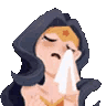 A woman with dark hair and a gold tiara cries into a tissue in a four-frame animation.
