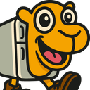 A cartoon refrigerator with a wide, happy smile and brown legs walking forward.