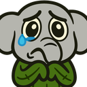 A small cartoon elephant with a gray head and green body crying a single blue tear while looking distressed.