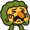 A cartoon man with a mustache and green hair holding his head in his hands while looking stressed.