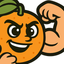 An orange character with a determined face flexing its muscular arm.