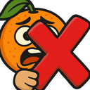 A cartoon orange with a panicked expression holds a large red X symbol.