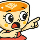 A cartoon character with a coffee cup for a head, looking shocked and pointing to the right.