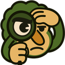 A cartoon person holding a magnifying glass to their eye with a suspicious expression.