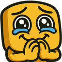 A yellow square character with large eyes and a smile, shedding blue tears of joy while holding its hands together.
