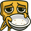 A yellow, weary character with heavy eyelids holding an empty white bowl with a few crumbs.