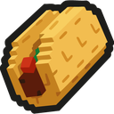 Taco depicted in a simple pixel art style with a yellow shell, brown meat, red tomato, and green lettuce.