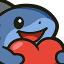 A blue cartoon creature with a wide smile holding a large red heart.