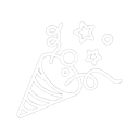 Party popper exploding with confetti and stars in a white line-art style.