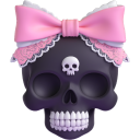 A dark purple 3D skull wearing a large pink bow with white lace trim.