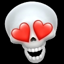 A white skull with two red heart shapes for eyes and a wide, toothy grin.