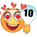 Smiley face with heart eyes holding up a white paddle with the number 10 written on it.