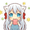 A cat girl with white hair and blue eyes makes various cute expressions including winking and forming a heart with her hands.