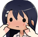 Anime girl with a blushing face being squished by two hands.