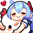 Anime girl with blue hair smiling while hugging a round white creature with a red heart floating nearby.
