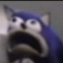 Sonic the Hedgehog looking around with wide, panicked eyes in a blurry, low-quality image.