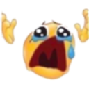 Yellow emoji face with a wide-open mouth and large blue tears streaming down its cheeks while holding its hands up in despai…