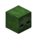 A pixelated green cube head with two dark rectangular eyes.