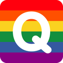 A white capital letter Q centered on a horizontal rainbow-striped background.
