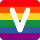 Letter V in white centered on a horizontal rainbow flag background.