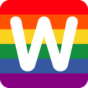 A white letter W centered on a horizontal rainbow striped background.
