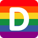 Letter D in white font centered on a horizontal rainbow striped background.