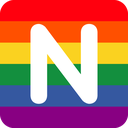 Letter N in white font centered on a horizontal rainbow striped background.