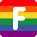 A white letter F centered on a horizontal rainbow striped background.