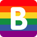Letter B in white font centered on a horizontal rainbow striped background.