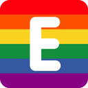 A white uppercase letter E centered on a horizontal rainbow flag background.