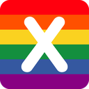 A white letter X centered on a horizontal rainbow-striped background.
