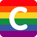 Letter C in white font centered over a horizontal rainbow flag background.