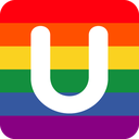 A white letter U centered on a horizontal rainbow flag background.