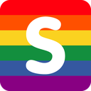 Letter S in white font centered on a horizontal rainbow striped background.
