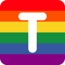 Letter T in white font centered on a horizontal rainbow striped background.