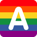 A white letter A centered on a horizontal rainbow striped background.