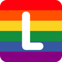 A white letter L centered on a horizontal six-stripe rainbow flag background.